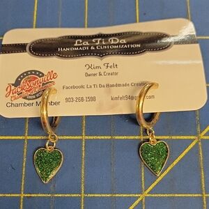 Green Heart Dangle Gold Tone 1.5" Earrings